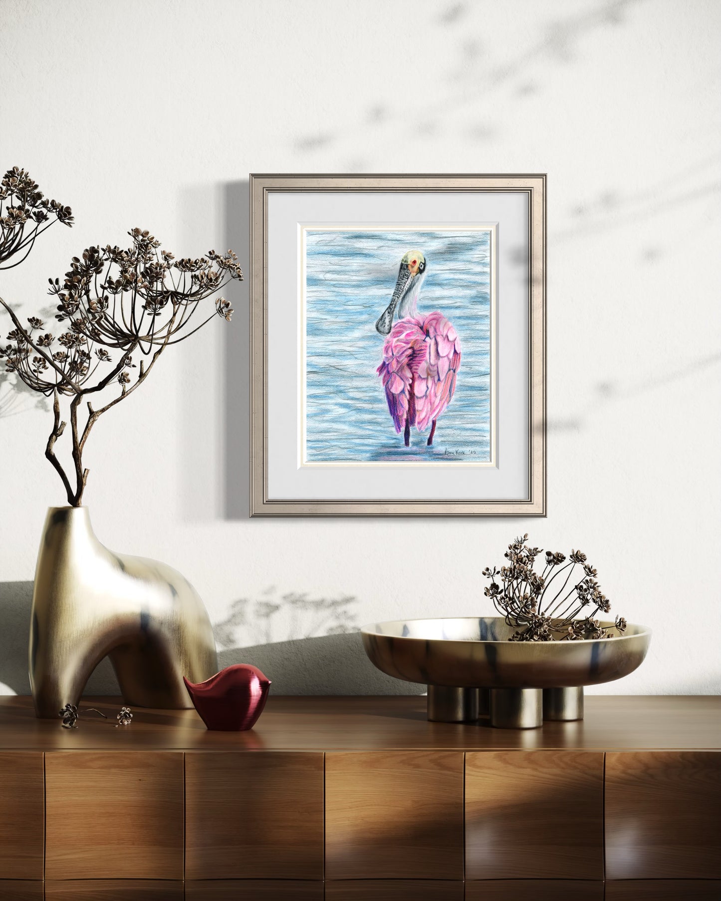 Roseate Spoonbill in color pencils - Art Print