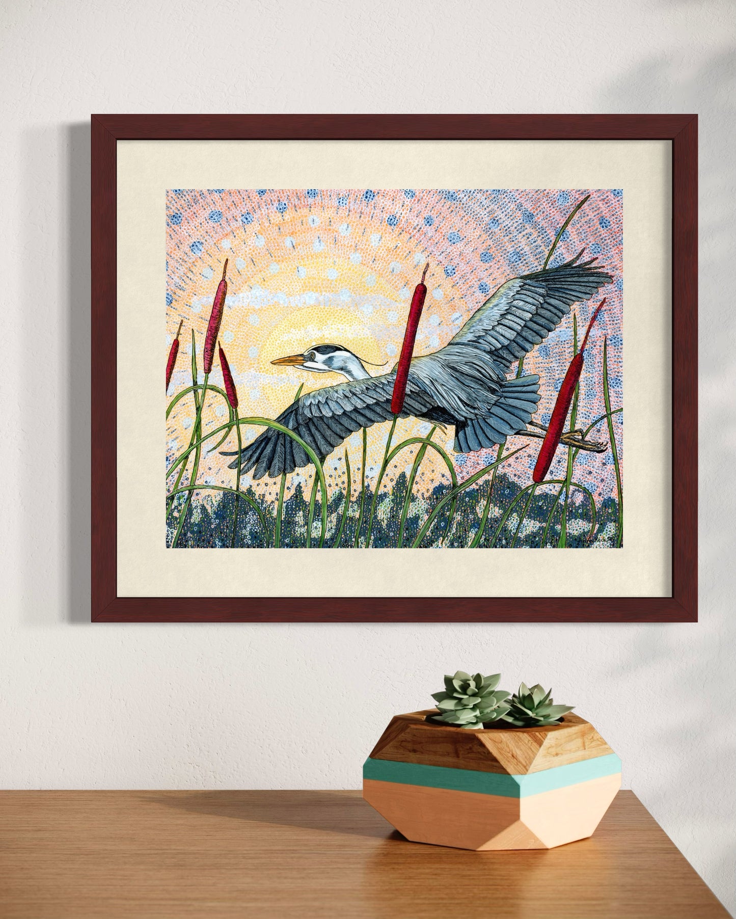 Great Blue Heron Flying over Cattails - Art Print